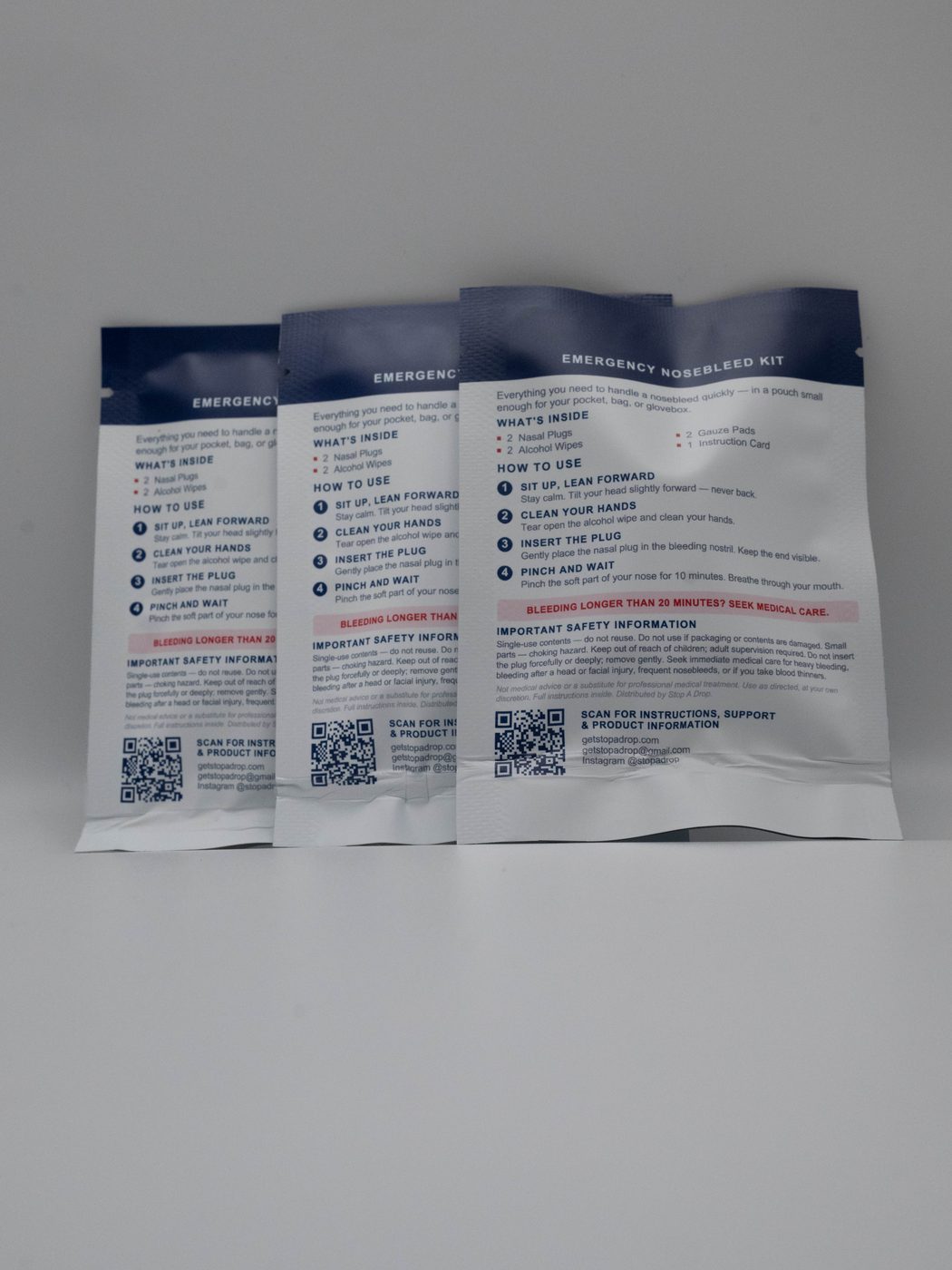 The back of Stop A Drop kits showing the step-by-step nosebleed instructions