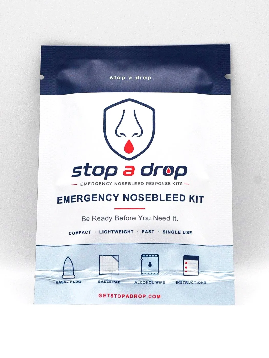 Stop A Drop Single Kit — sealed nosebleed response pouch, front