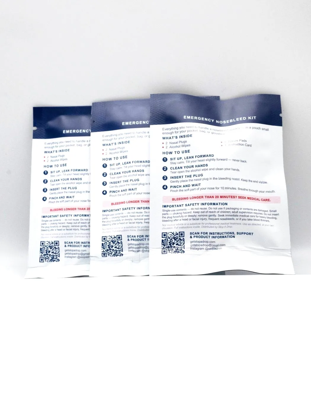 Back of the Stop A Drop pouch with the printed step-by-step instructions